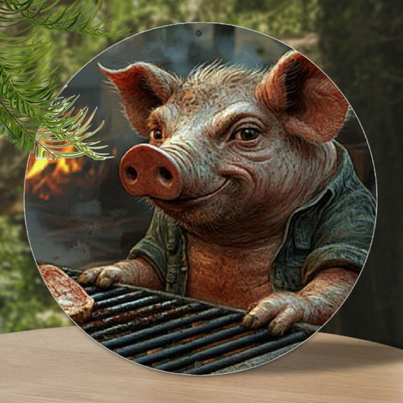 1pc 8x8 Inch Round Aluminum Sign - Summertime Grillin' Pig with BBQ Design, Vintage Metal Wall Decor for Man Cave, Kitchen, or Outdoor Spaces