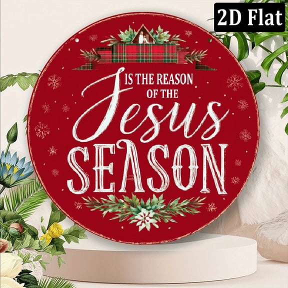 1pc 8x8 Inch Round Metal Christmas Wall Decor Sign - Jesus is The Reason for the Season Religious Decoration with Cursive Lettering, Red Golden Church Design Durable Iron Hanging Art for Home