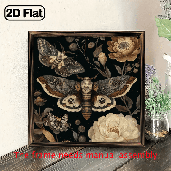 1pc 8x8 Inch Wood Framed Moth Peony Botanical Wall Art - Toned Square Dark Brown Frame with Beige Brown Moth Print, Vintage Chinese style.