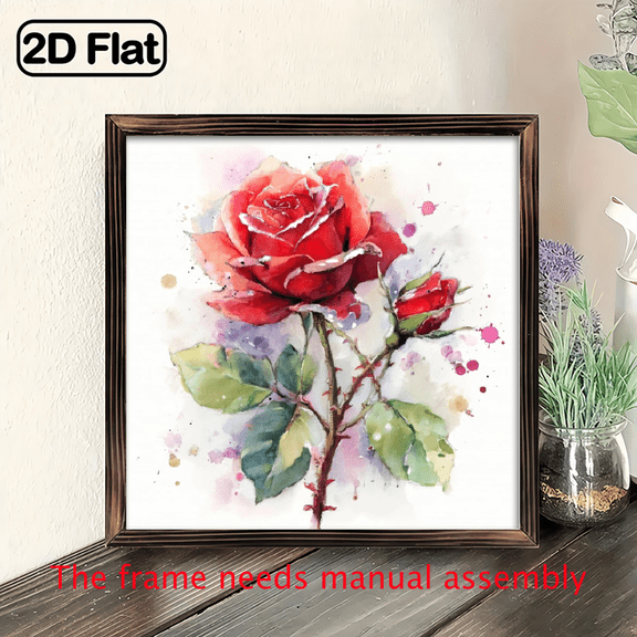 , 1pc 8x8 Inch Wood Framed Rose Love Romance Wall Art Vintage Floral TabletopDesk Decor, Square Wood Plaque with Rose Design for Wedding, Anniversary, Valentine's Gift, Office Decoration R