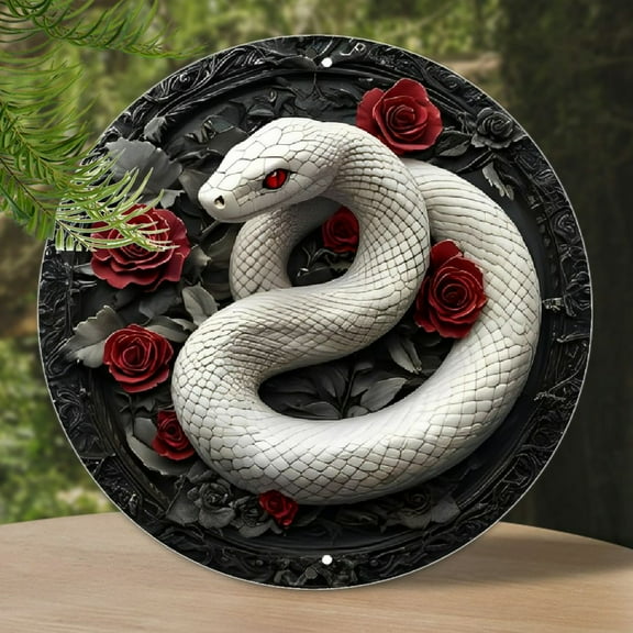 1pc, 8x8 inch Aluminum Sign, Vintage Rose & White Snake Design, Pre-Drilled for Wall Hanging, Multi-Purpose Home & Garden Decor, Perfect for Autumn, Halloween, Christmas Gifts