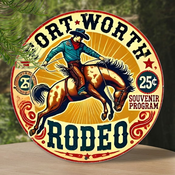 1pc, 8x8 inches Round Metal Sign, "Fort Worth Rodeo" Aluminum Wall Art, Durable Material, Ideal Gift for Home & Office Decor, Indoor & Outdoor Use, Craft Tool & Supplies