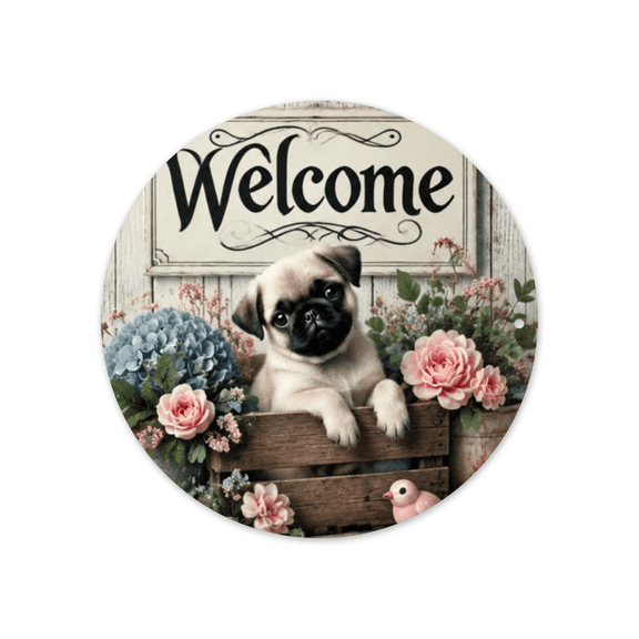 1pc 8x8inch Aluminum Round Iron Wall Art Decor 8-Inch, High-Definition Floral Print Pug in Basket Design, Vintage Welcome Sign for Patio, Garden, Office Decor, Unique Hippie Gift Idea