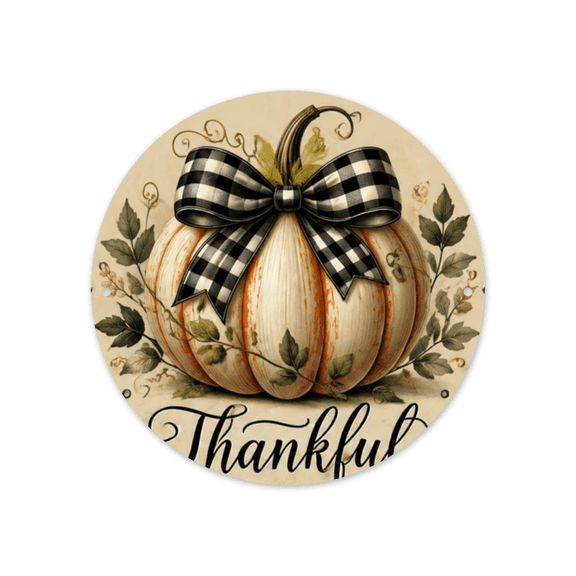 1pc 8x8inch Autumn Pumpkin Gratitude Round Metal Aluminum Sign - Waterproof Rust-Proof Aluminum, Featuring Stylized Pumpkin with Plaid Bow, Ideal for Home, Office, or Coffee Shop Wall Decor, Fal