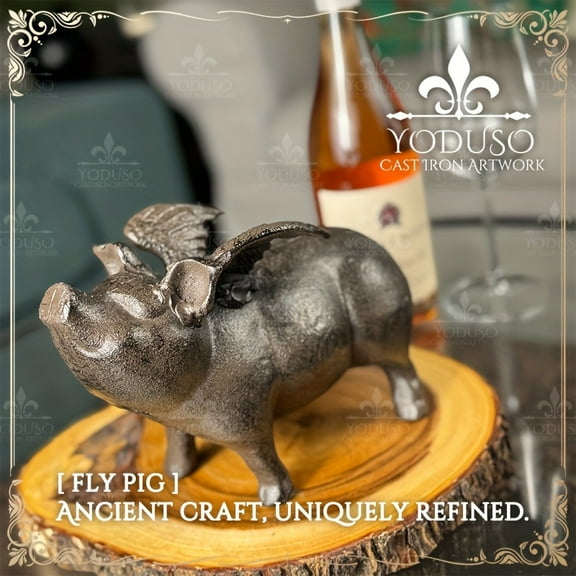 1pc 9" Cast Iron Flying Pig Garden Statue - Brown Rust Finish, Multifunctional as Door Stopper/Paperweight. Rustic Outdoor Sculpture for Garden Decor, Durable Design