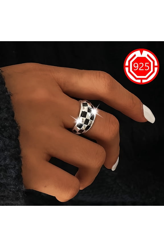 [1pc 925 Silver Ring] 1pc 925 Silver Hypoallergenic Ladies Ring | Black And White Checkerboard Simple Small High-end Sense Index Finger Ring | Suitable For Couples, Best Friends, Gifts For Daily