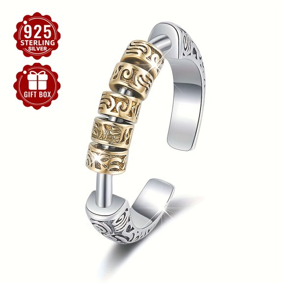 1pc 925 Sterling Silver Vintage Ethnic Style Golden And Silver Contrast Embossed Tang Grass Pattern Removable Open Ring Suitable for Party Events,Silvery