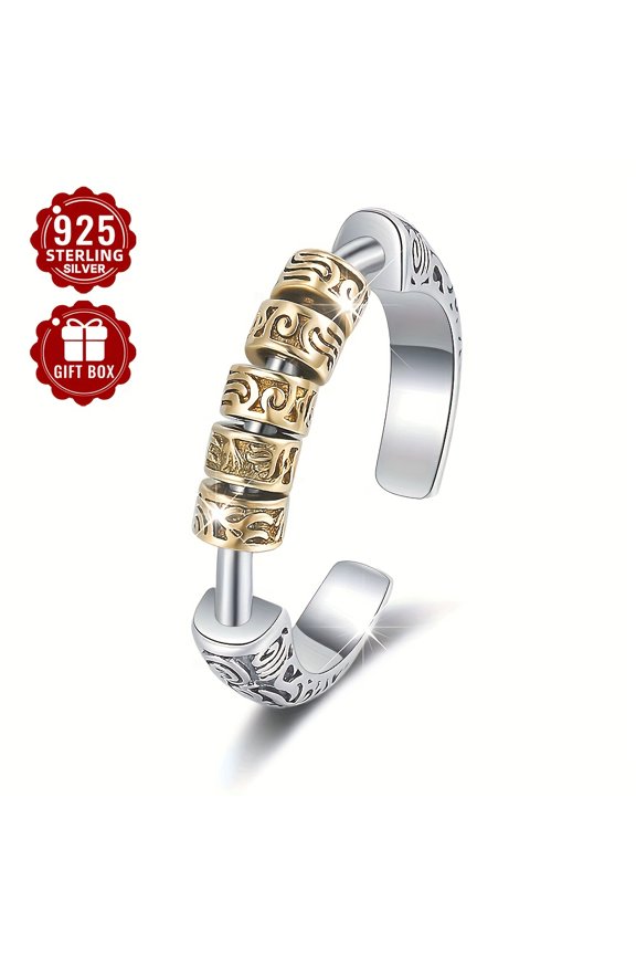 1pc 925 Sterling Silver Vintage Ethnic Style Golden And Silver Contrast Embossed Tang Grass Pattern Removable Open Ring Suitable for Party Events,Silvery