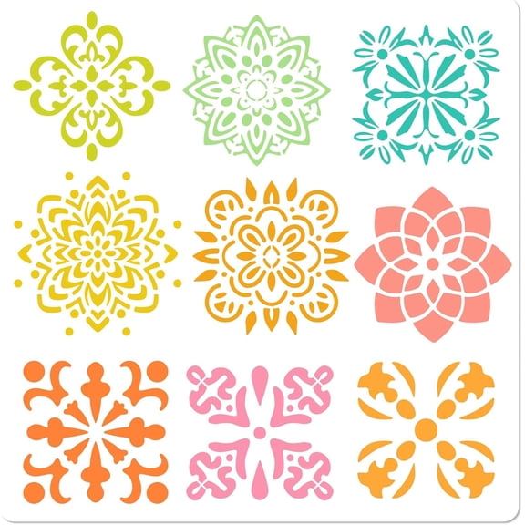 1pc 9Styles Flower Patterns Painting Stencils 11.8 Inch Large Craft Ornament Paint Stencils Reusable White PET Drawing Template for Painting Wood Wall DIY Craft Fabric Tiles Floor Furniture
