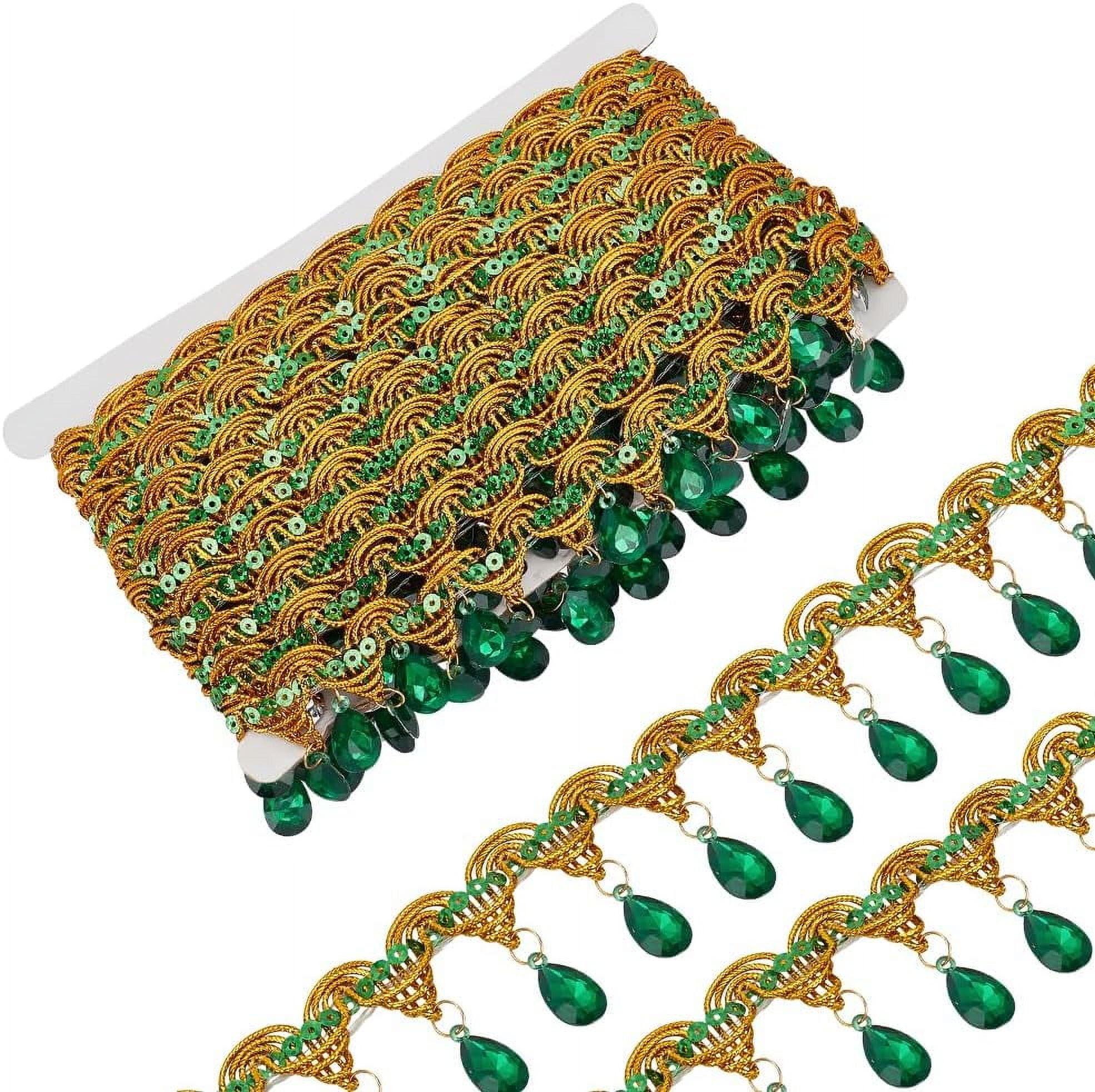 1pc 9m Hanging Beads Fringe Lace (48.5mm) Wide Green Rhinestone Bead Fringe Trim Polyester Sewing Fringe Tassel Trim by The yard for Handmade DIY Clothing Curtain Decor