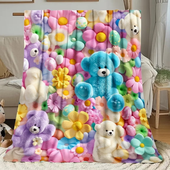 1pc ALK Pastel Teddy Bears Flowers Eggs Print Flannel Blanket 280gsm Soft Comfortable All-Season Versatile Throw for Travel Bedroom Camping Sofa Bed Office Ideal Gift for Family Friends