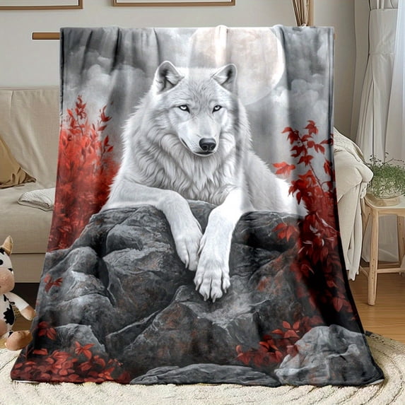 1pc ALK Wolf Howling Full Moon Flannel Throw Blanket Lightweight Soft Warm Winter Bedspread for Sofa Bed Camping Outdoor Cabin RV Office Machine Washable