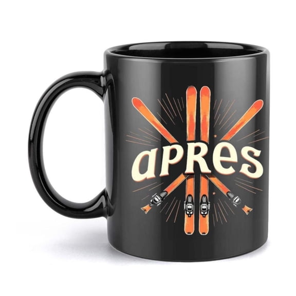 1pc APRES Skier Design Ceramic Mug 11oz Black with Orange White Skis Mug Coffee Lovers Ideal Birthdays Holidays Office Family Parties Weddings Christmas Coffee Bar Accessories