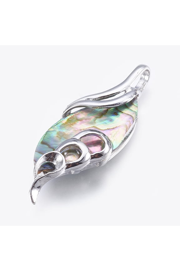1pc Abalone Shell/Paua Shell Big Pendants with Brass Findings Leaf Platinum 46.5x18x7mm Hole: 4x5.5mm