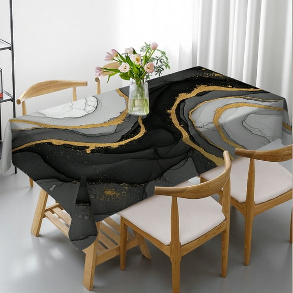 1pc Abstract Black Gold Marble Print Rectangular Tablecloth, 2D Flat Printing Holiday-Themed Design, Abstract Black Gold Marble