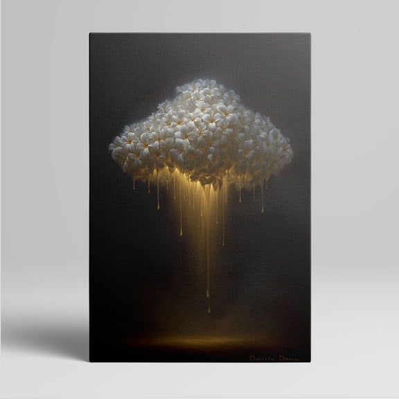 1pc Abstract Cloud - like Cluster of White Flowers with Golden Dripping Effect Framed Decor room hanging Wall Picture Decor for Home Gifts, living room, bathroom, bedroom, kitchen wall art decor