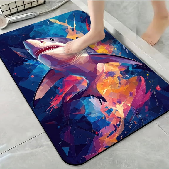 1pc Abstract Colorful Shark Art Bathroom Rug Bathroom Decor and Accessories- Durable,Anti Slip,And Quick Drying,Suitable For Indoor/outdoor Use - Perfect For Bathrooms,Bedrooms,Kitchens