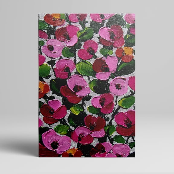 1pc Abstract Floral Canvas Painting with Vivid Pink, Red and Orange Blooms and Green Leaves, framed Decor room hanging Wall Picture Decor for Home Gifts, living room, bathroom, bedroom, kitchen wall