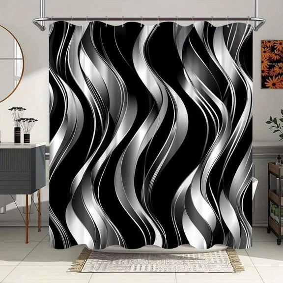 1pc Abstract Metallic Ribbon Shower Curtain | Silvery and White Waves on Black Polyester Fabric, Modern Artistic Bathroom Decor, 12 Hooks, 70*70 Inches, Machine Washable