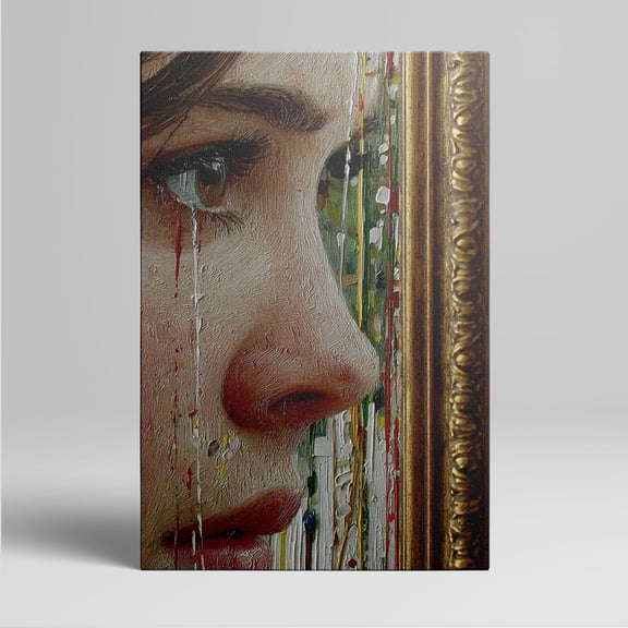 1pc Abstract Oil - Painting - Style Canvas Wall Art with a Woman's Tear - stained Face near a Golden Frame, framed Decor room hanging Wall Picture Decor for Home Gifts, living room, bathroom, bedroom