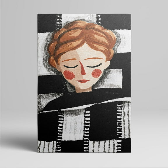 1pc Abstract Portrait Canvas Wall Art with a Girl in Black - and - White Patterned Background, Closed Eyes, and Blushy Cheeks, framed Decor room hanging Wall Picture Decor for Home Gifts, living room