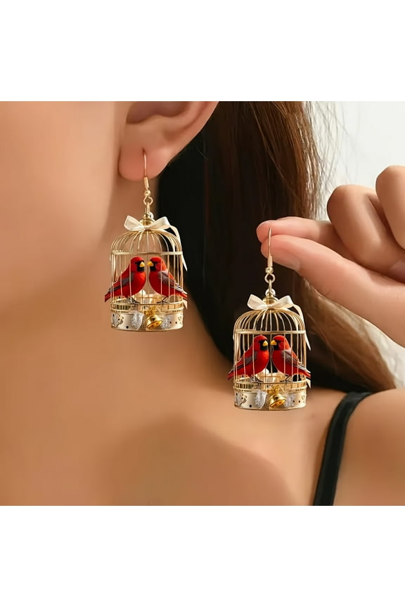 1pc Acrylic Cardinal Bird Cage 1pc Acrylic 2D Cardinal Bird Cage Earrings Golden Couple Valentine'S Day Jewelry