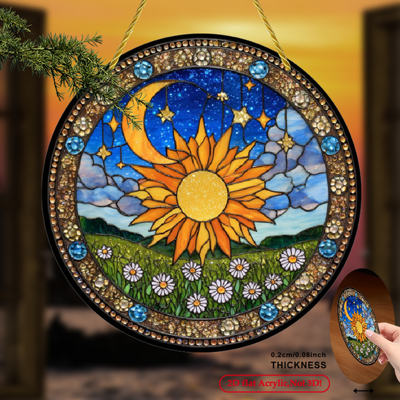 1pc Acrylic Sky Sun Catcher Vibrant Crystal Stained Window Hanging, Colorful Sun and Moon Design, for Garden, Living Room, Bedroom Decor, Perfect Birthday Gift for Space and Planet Lovers, Ou