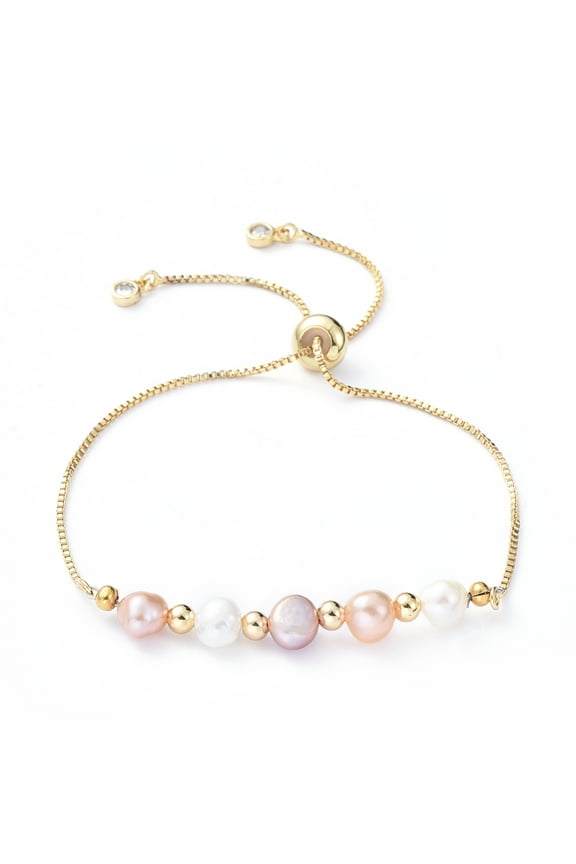 1pc Adjustable Brass Slider Bracelets Bolo Bracelets with Pearl Beads Cubic Zirconia and Brass Beads Golden 10-5/8 inch(27cm)