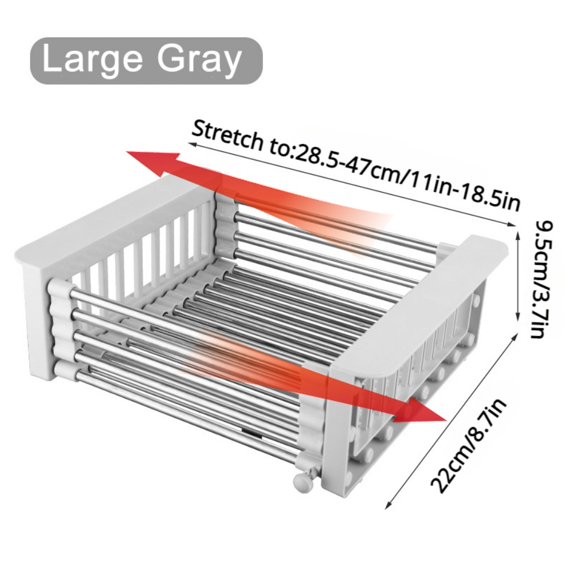 1pc Adjustable Dish Drainer Stainless Steel Sink Drain Rack Fruit Vegetable Drain Basket Kitchen Extendable Dish Drying Rack (Large Gray)