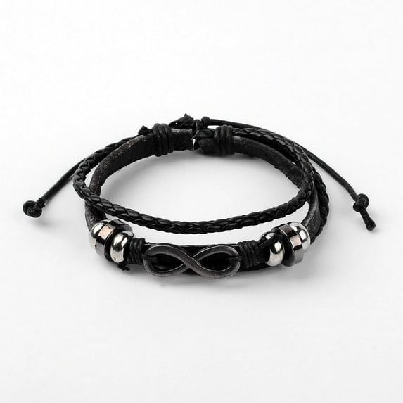 1pc Adjustable Multi-Strand Leather Cord Bracelets with PU Leather Cord & Alloy Findings Infinity Antique Silver Black 60mm(2-3/8 inch)