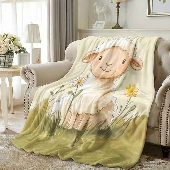 1pc Adorable Cartoon Sheep Watercolor Flannel Blanket - Soft, Warm, Cozy | Perfect for Naps, Camping, Travel, Office & Home Decor | Ideal Gift for Friends, Family, and Lovers | 149.86cmx51