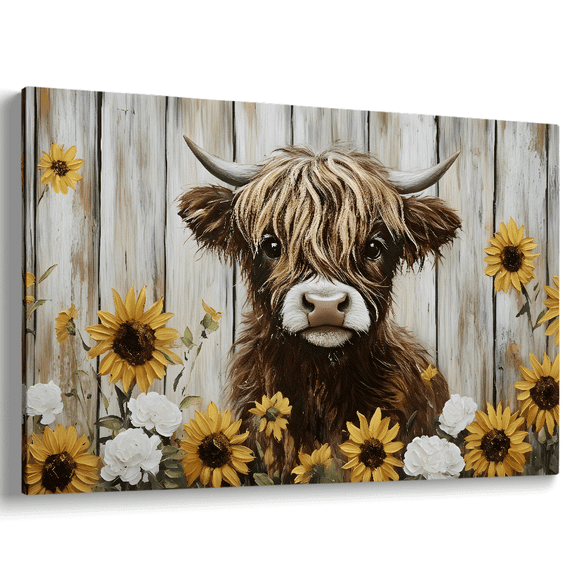 Topbout Art Rustic Farmhouse Highland Cow Sunflower Wooden Barn Canvas Wall Art Artwork Picture Living Room Bedroom Bathroom Home Decor Ready To Hang 12x 8 inch
