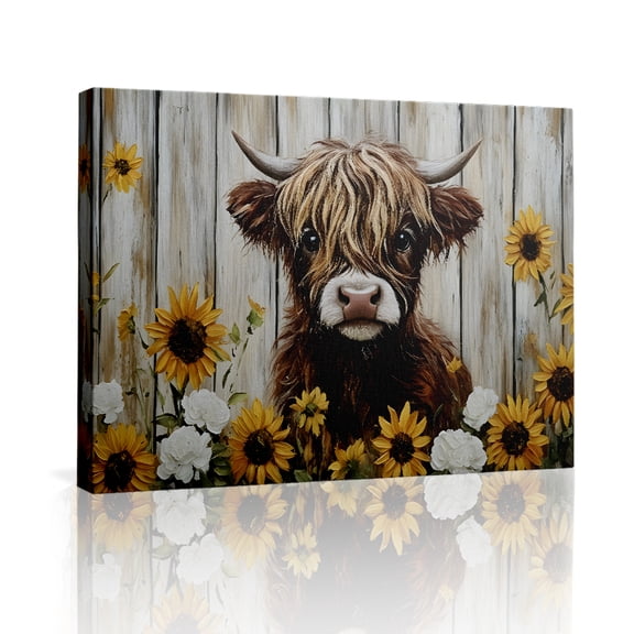 1pc Adorable Highland Cow with Sunflowers and White Flowers in Front of a Rustic Wooden Fence Framed Decor room hanging Wall Picture Decor for Home Gifts, living room, bathroom, bedroom, kitchen wall