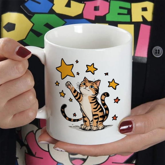 1pc Adorable Kitten Reaching for Stars Ceramic Mug - Cute Cat Cup with Clear Glossy, 3.7x3.2 Inch Coffee Tea Cup for, Perfect Birthday Christmas Gift for Cat Lovers, Hand Wash Only (Durable Ceramic)