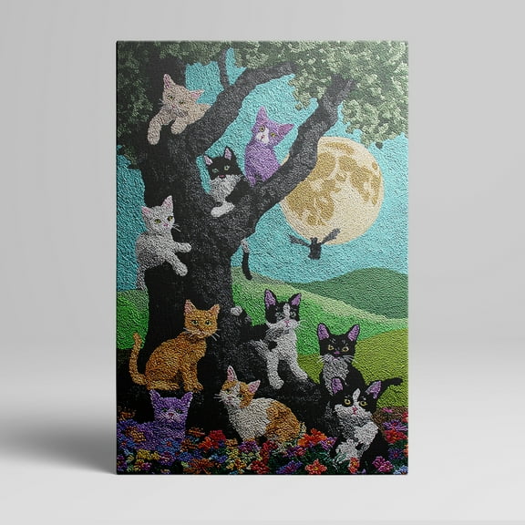 1pc Adorable Multicolored Kittens Gathering Under a Tree with a Full - Moon in the Sky Framed Decor room hanging Wall Picture Decor for Home Gifts, living room, bathroom, bedroom, kitchen wall art