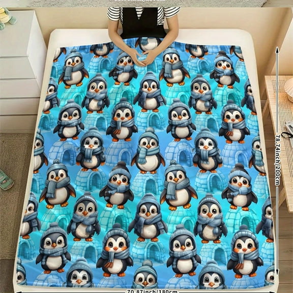 1pc Adorable Penguin Print Flannel Blanket - Cozy All-Season Throw for Watching TV, Snacking, and Relaxing - Polyester Blend, Knit Fabric, Durable & Soft, Ideal for Home, Office, or Car Use, Office C