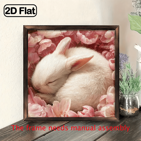 1pc Adorable Rabbit Pink Roses Wall Art, 8x8 Inch Wooden Frame Spring Decor with Pastel Bunny Floral Design, Perfect for Living Room, Garden, , or Easter Gifts, Bathroom Wall Decor Springtime