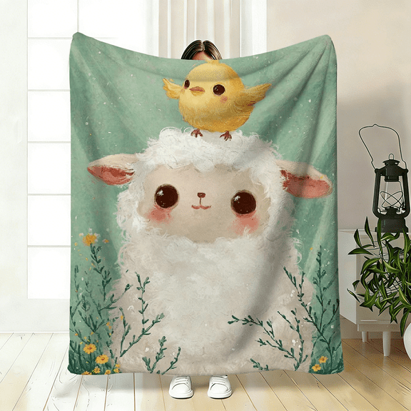1pc, Adorable sheep in a watercolor flower garden, yellow chickens, farm animals, soft and warm printed blankets, great holiday gifts for classmates, friends, family, and lovers for naps.