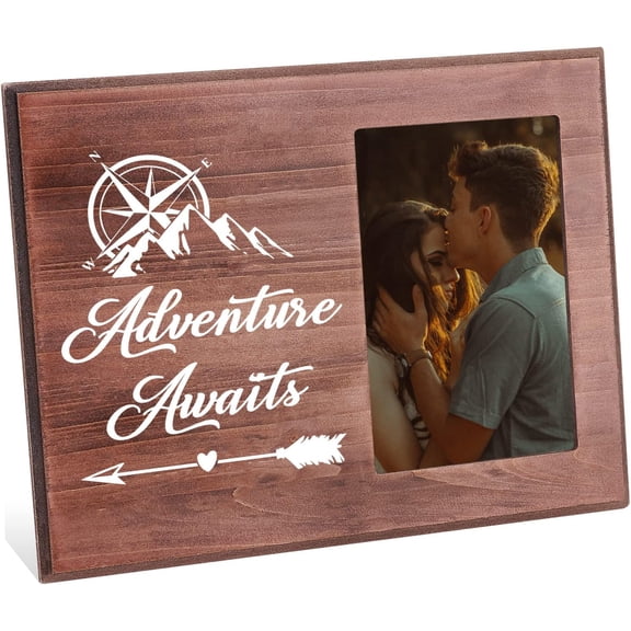 1pc Adventure Awaits Picture Frame 4x6 inch Romantic Love Picture Frame with Compass & Snow Mountain Patterns Hanging/Tabletop Wooden Gifts Frame for Birthday Anniversary Valentine's Day