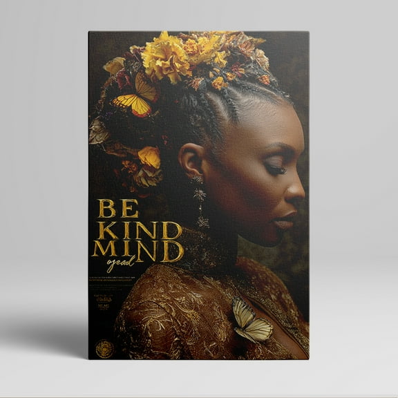1pc African - American Woman with Floral Hair and Butterflies Canvas Wall Art, "BE KIND MIND" Quote Framed Decor room hanging Wall Picture Decor for Home Gifts, living room, bathroom, bedroom,