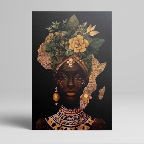 African-Inspired Framed Canvas Wall Art with Black Woman and Floral