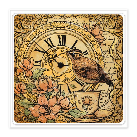 1pc Afternoon Tea Birds Clear Stamps for DIY Scrapbooking Clock Background Silicone Stamp Seals Transparent Stamps with Colorful Back sheet for Cards Making Photo Album Journal 3.9x3.9inch