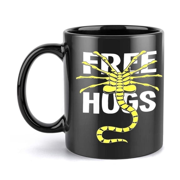 1pc Alien Coffee Mug Cup with HUGS Text Xenomorph Design Black with Yellow Alien Face 11oz Ceramic Cup Sci Fi Fans Christmas Gifts Everyday Use Movie Memorabilia Collectible Item Q