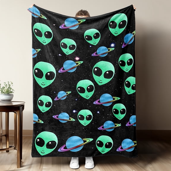 1pc Alien & Planet Pattern Flannel Throw Blanket - Soft, Warm, and Cozy for Sofa, Bed, or Office - Perfect Gift for Valentine'S Day or Mother'S Day, Cute