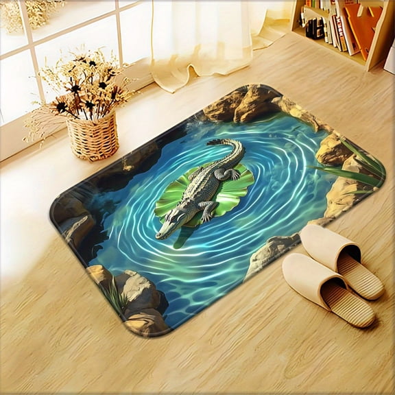 1pc Alligator/Crocodile Floor Mat - Non-Slip Turquoise Blue & Golden Bathroom Mat, Machine Washable Absorbent Microfiber Door Mat for Bathroom, Living Room, Entrance - Soft Rectangular Floor Mat