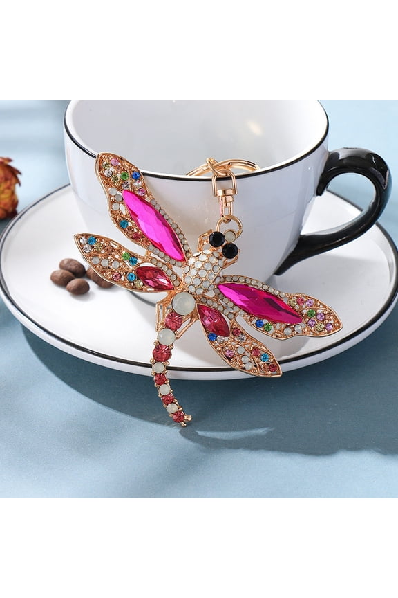1pc Alloy Rhinestone Keychain Dragonfly Fuchsia 120mm