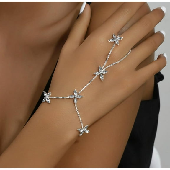 1pc Alloy box Chains Ring Bracelets Flower with Cubic Zirconia Platinum 8-1/8 inch(20.5cm)