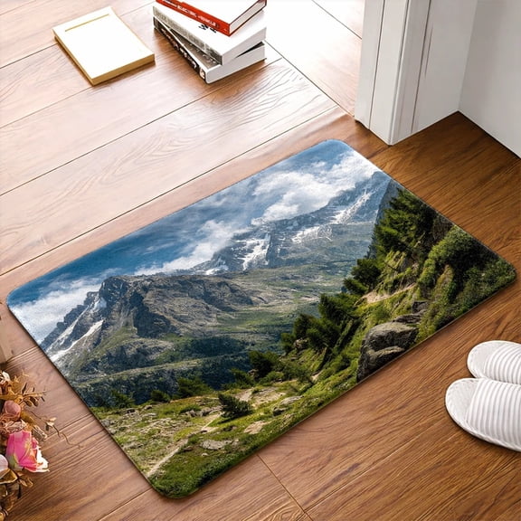 1pc, Alpine Mountain Forest Scenic Area Rug, Flannel Non - Slip Rubber Backing Doormat, Durable Stain - Resistant Machine Washable,  for Living Room, Bedroom, Office, Bathroom, Balcony
