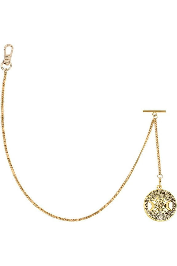 1pc Aluminum Chain & Iron Clip Pocket Watch Chain with Lobster Clasp & T Bar Flat Round with Tree of Life Golden 496mm