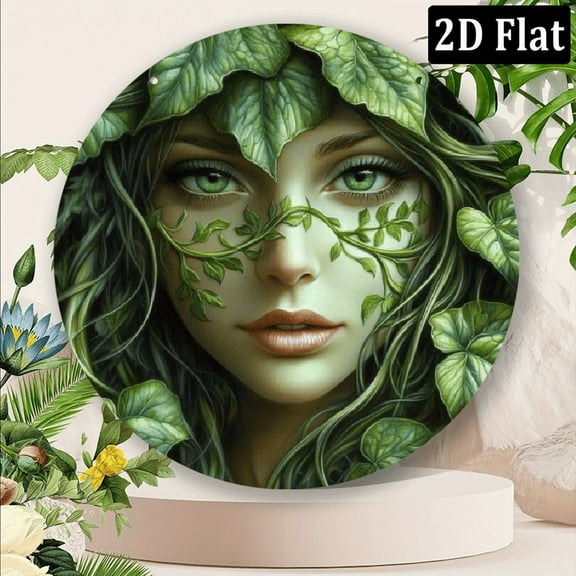 1pc, Aluminum Round Metal Sign, Green Tree Woman Face Theme Decor, Flat Circular Wreath Sign, Dormitory Decoration, Wall Art Decor, Holiday Gifts, Suitable for Various Scenarios Halloween Gifts